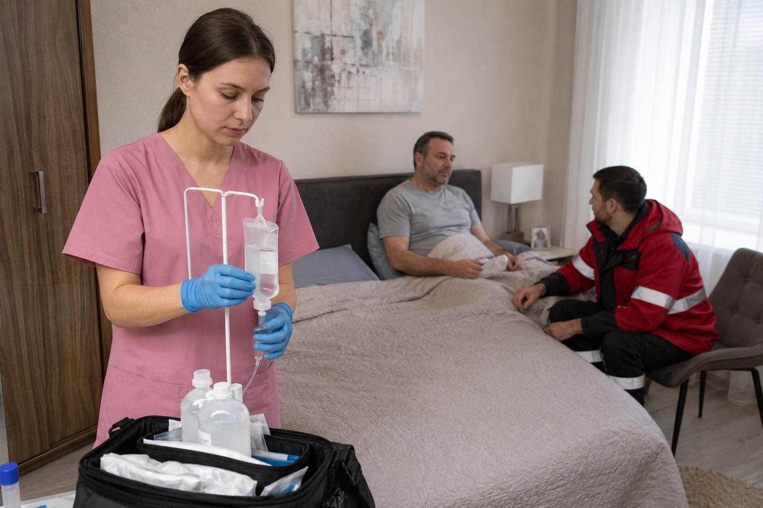 Специалисты готовят капельницу Гептрала на дому
